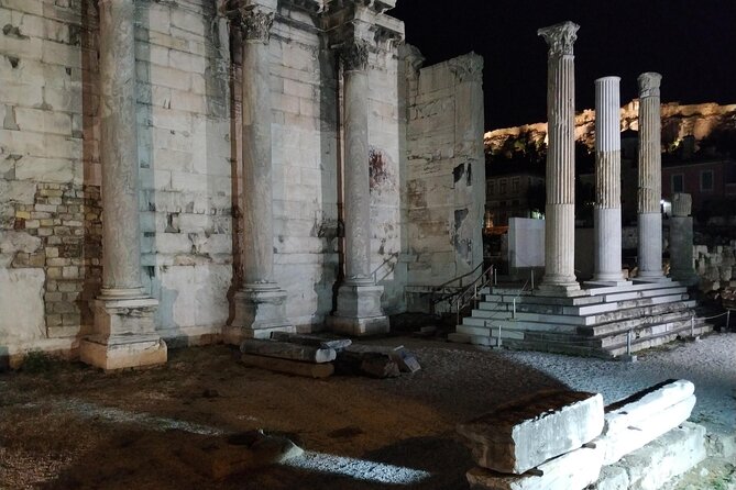 Athens at Night Enchanting Walking Tour and Dinner Delights - Ancient Agora at Night: Temple Views and Acropolis Above