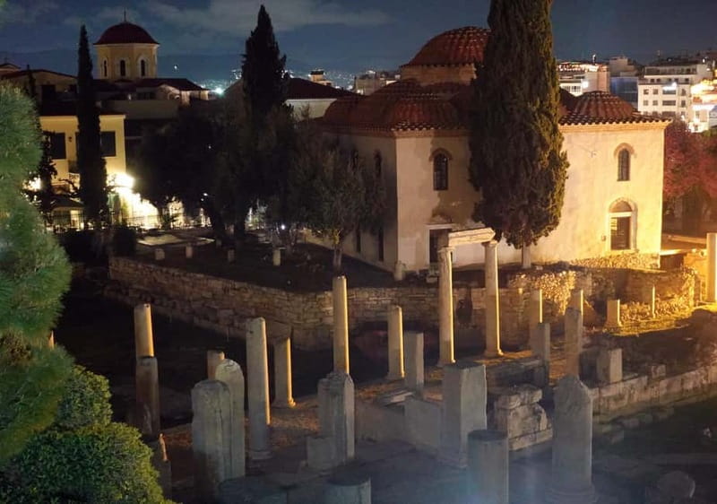 Athens by Night: Social Walking Tour to Meet, Connect, & Explore - Monastiraki Closing View: Where Ruins and Night Life Meet