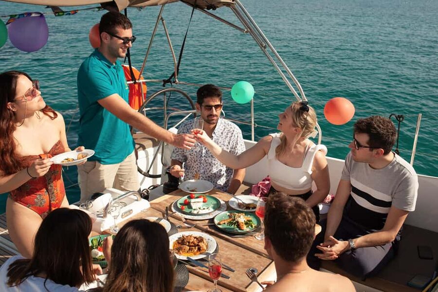 Athens: Semi Private Sunset Sailing and Gastronomy Cruise - Secluded bays for swimming and snorkeling, plus Greek food in real time
