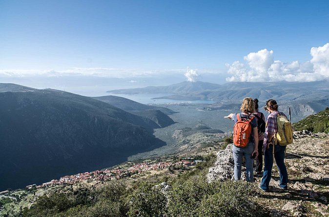 Delphi: Ancient Footpath Delphi Hiking - Delphi sanctuary overlook: olive groves, gulf views, and the Peloponnese backdrop